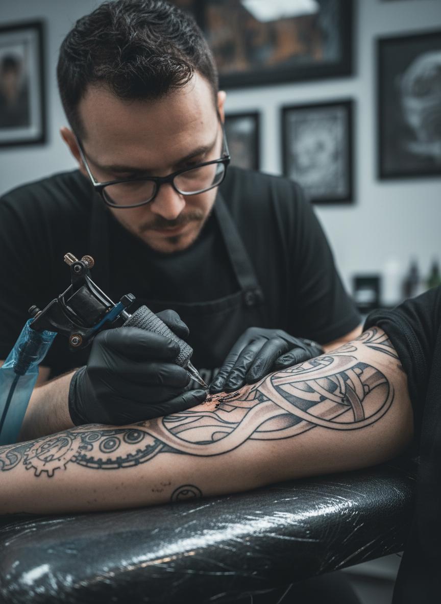Tattoo artist working in studio